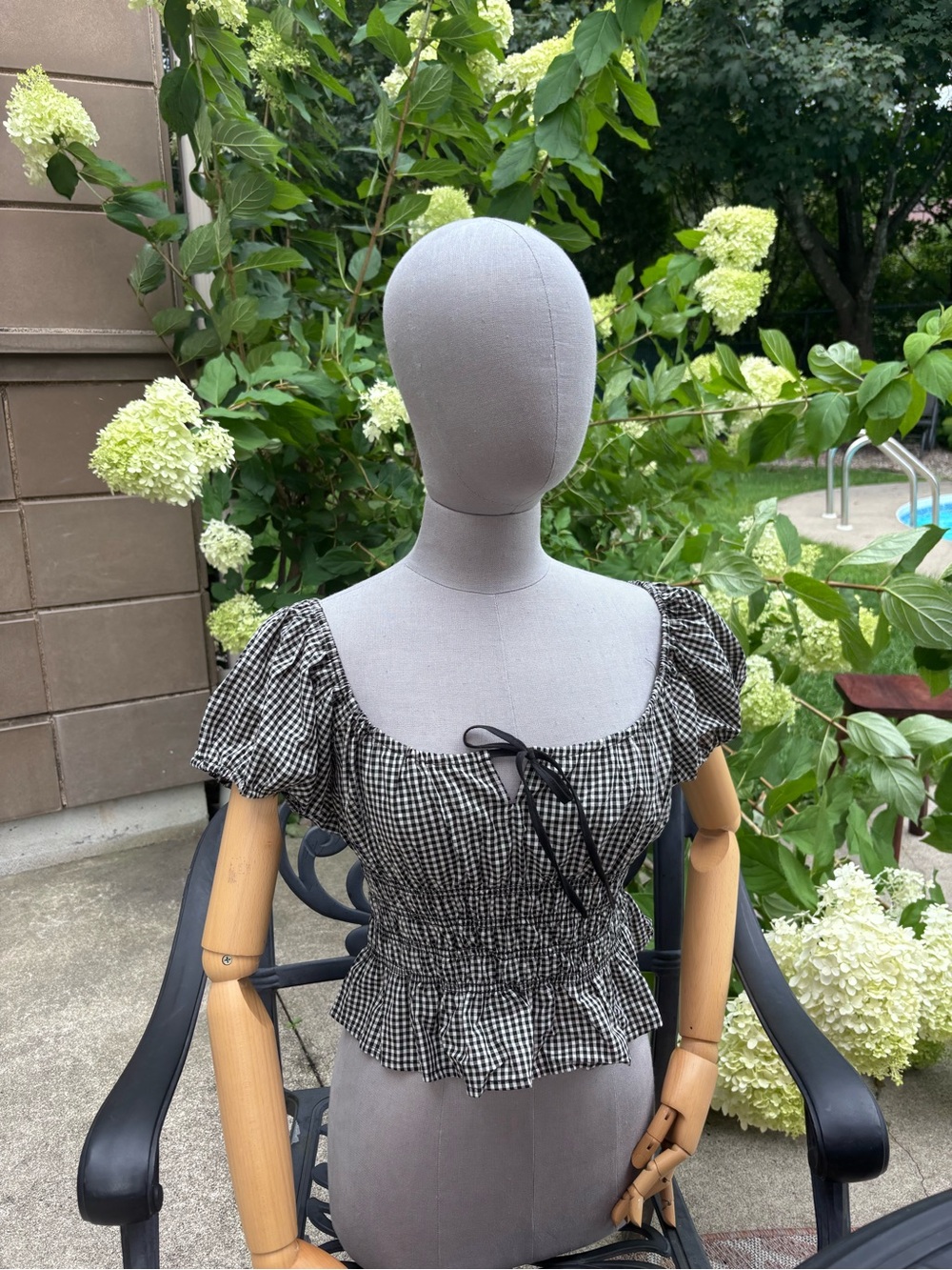 Maison d’Amélie Paris Black and White Gingham Smocked Tie-Front Blouse